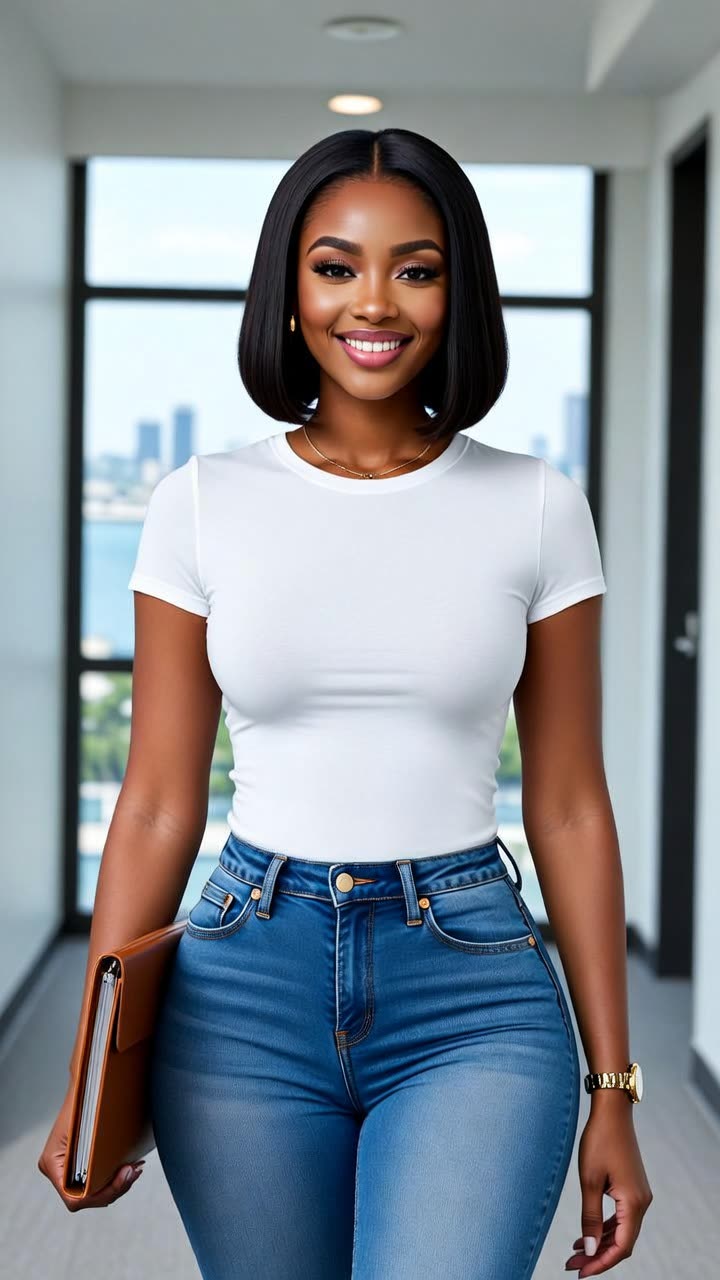 Smiling Nigerian woman in a white T-shirt and blue jeans, feeling confident in her shape
