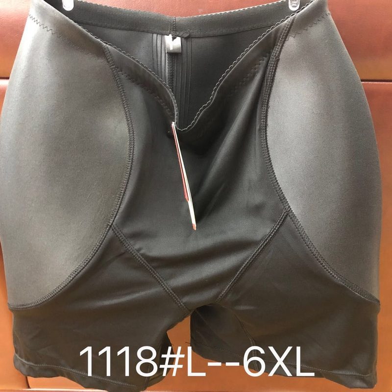 Black butt and hip padded shapewear shorts on a hanger, style 1118, sizes L to 6XL