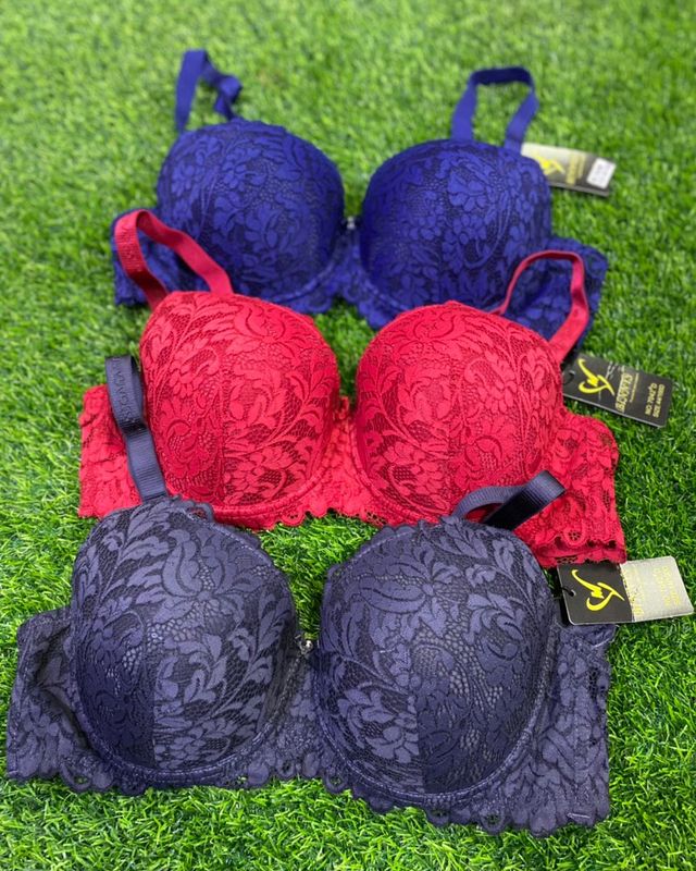Lace padded bras in blue, red and lilac